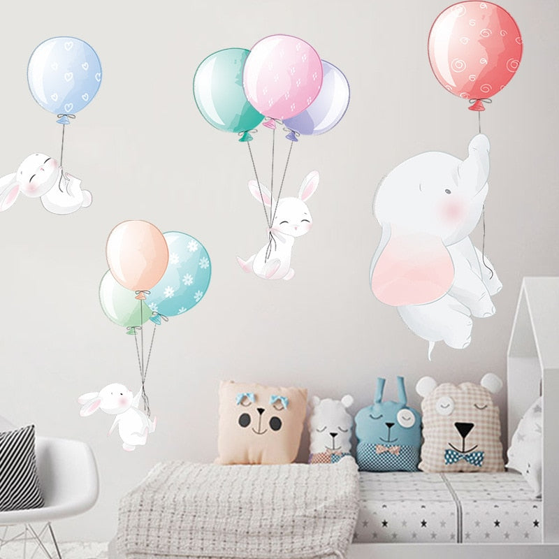 Balloon Elephant & Baby Rabbit Wall Stickers