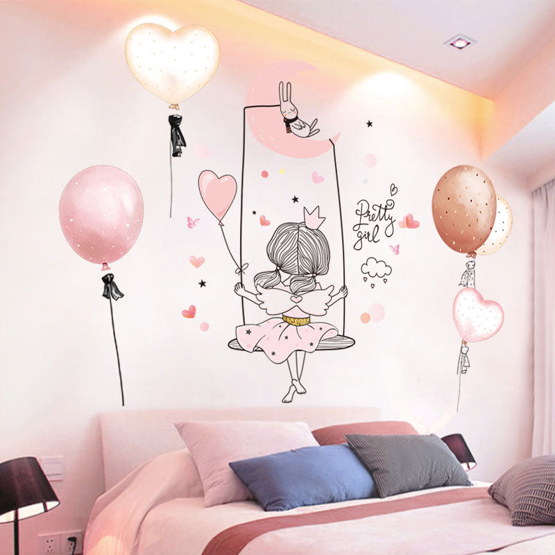 Balloons & Girl By The Moon Wall Stickers