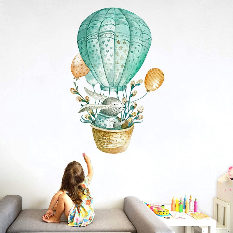 Green Rabbit Hot Air Balloon Nursery Wall Stickers